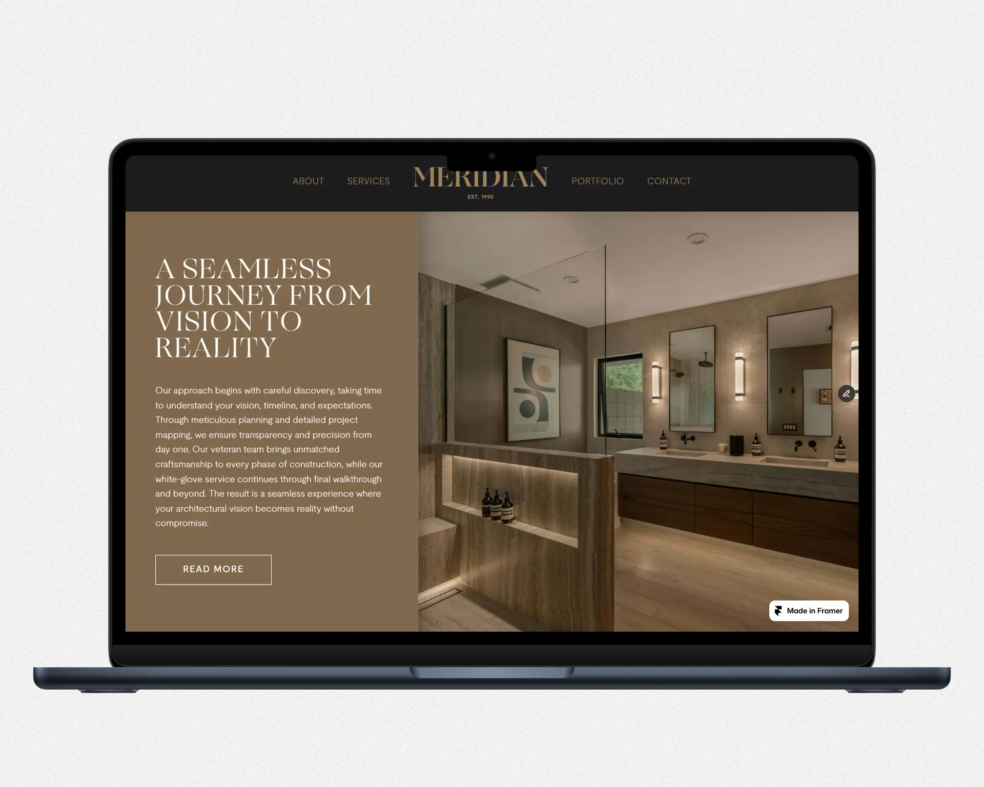 Meridian website on desktop showing the premium home builder homepage layout