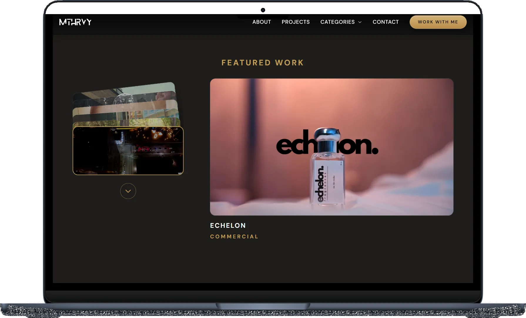 Mat Harvey website on desktop showing the film strip homepage layout