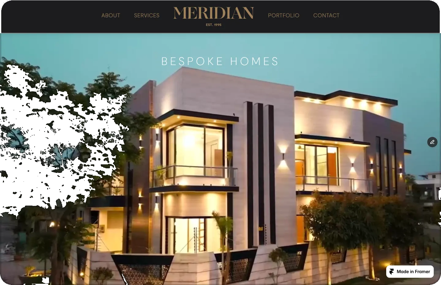 Meridian luxury home builder website hero section with dark editorial design