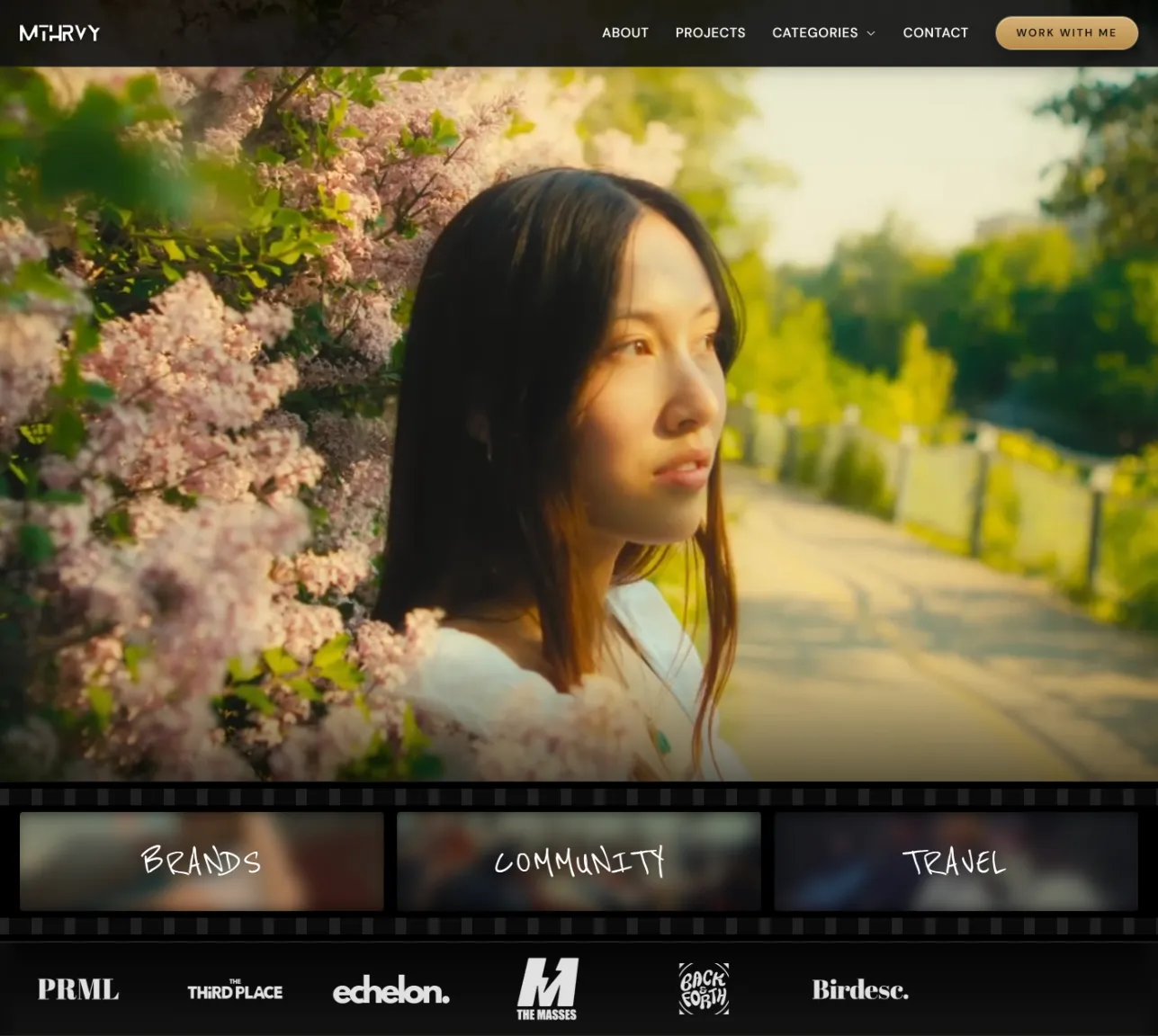 Mat Harvey website homepage showing the hero, film strip categories, and client logo bar